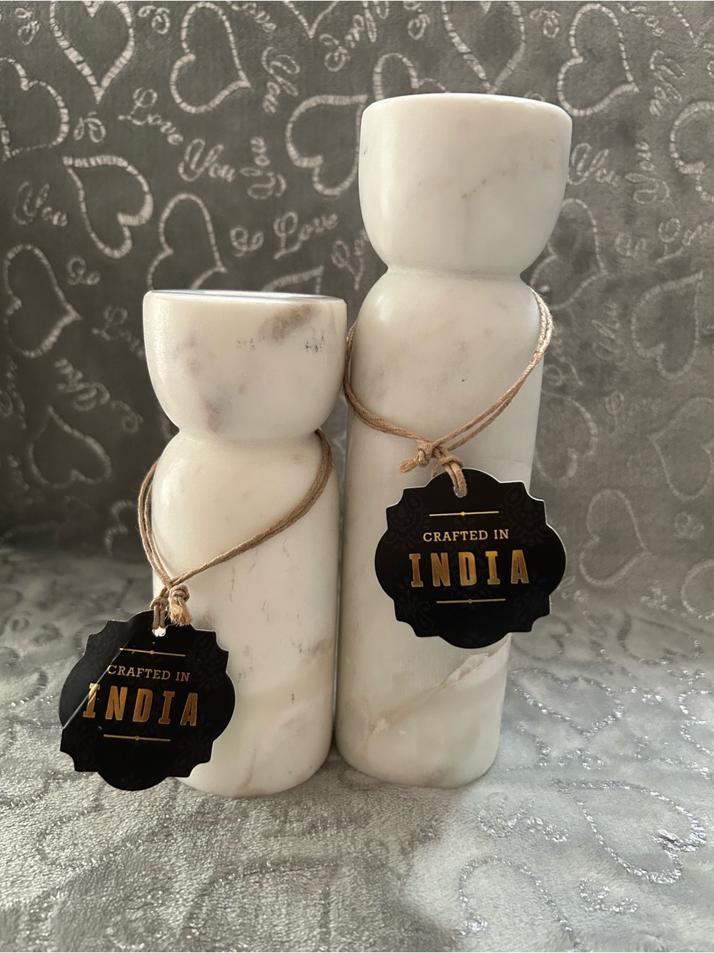 NWT A Set of White Marble Decorative Candle Holder Pair - Crafted in India